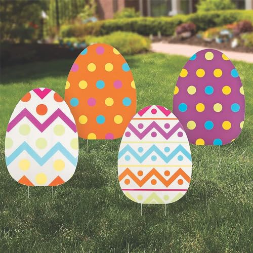 Fun Express 4 Pieces Large Easter Egg Outdoor Yard Signs Decorations with Stakes - 18