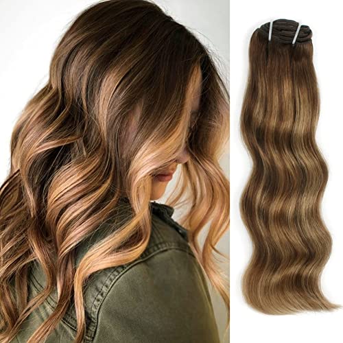 ABH AMAZINGBEAUTY HAIR Hair Extensions Human Hair Clip ins, Double Weft 7 Pieces with 17 Clips, Full Head, Color R4-4/27 Chocolate Brown-Chocolate Brown with Caramel Blonde Highlights, 125 Gram 16Inch