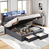 Besbed Double Bed Frame with Storage Drawers, 4ft6 Upholstered Ottoman Bed with Charging-Station & LED-Lighting, Soft Velvet Bed with Concealed Headboard Storage, No Mattress (Grey, 135 x 190 cm)