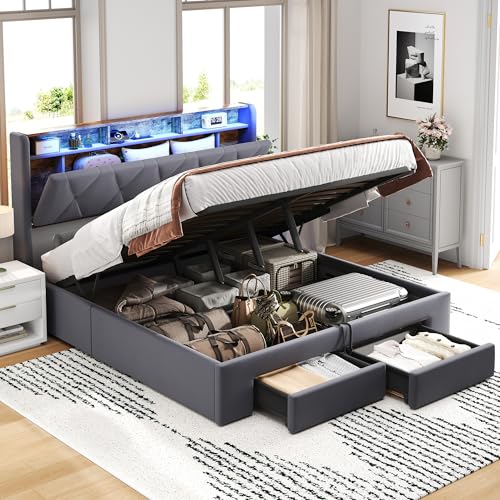 Besbed Double Bed Frame with Storage Drawers, 4ft6 Upholstered Ottoman Bed with Charging-Station & LED-Lighting, Soft Velvet Bed with Concealed Headboard Storage, No Mattress (Grey, 135 x 190 cm)