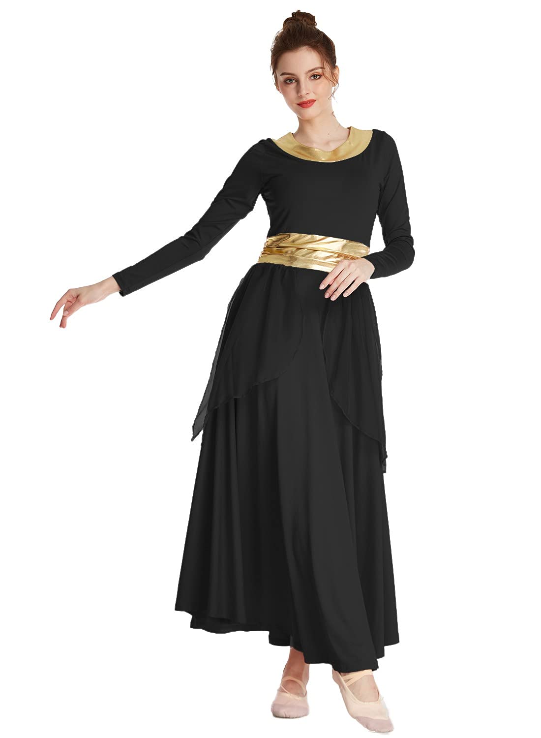 Women Praise Dance Robe Metallic Waistband Long Sleeve Liturgical Worship Dress Chiffon Skirt Lyrical Costume
