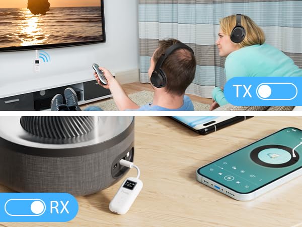Image of Cubetek SafeFly Pro Bluetooth V5.3 Transmitter Receiver with OLED Screen for 2 Bluetooth Headphones, AptX LL /HD /AD, Use with Any 3.5MM Jack on Airplane, TV & Home Audio System