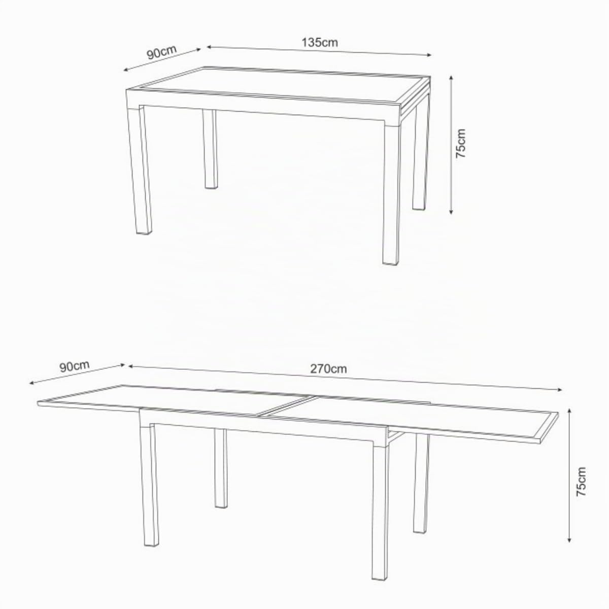 MOMMAHOME Tavolo allungabile da giardino in alluminio e vetro temperato tavolo da pranzo rettangolare estensibile da esterno 6-10 persone misure 135/270 x 90 cm