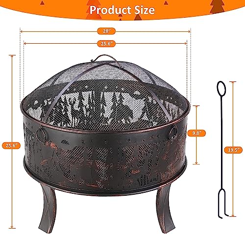 Feuerschalen, Feuerschale mit Funkenschutz, Feuerschale Garten Ø71x65cm, inkl. Poker & Kohlerost, Feuerkorb Retro-Look, Feuerstelle für Garten Camping Strand - Exquisites Elchmuster – Bild 5