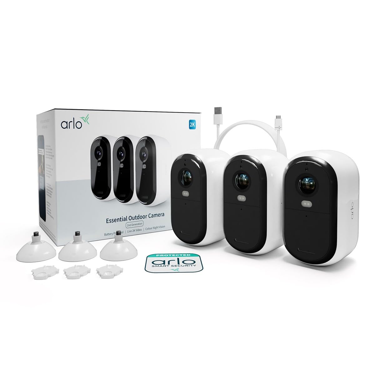 Arlo Essential 2 Akku Überwachungskamera Aussen WLAN, Kabellos, 2K HD Video, Farbnachtsicht, Bewegungsmelder, Sirene, 2-Wege Audio, Smart Home + Arlo Secure Plan Testzeitraum, 3er Set, Weiß