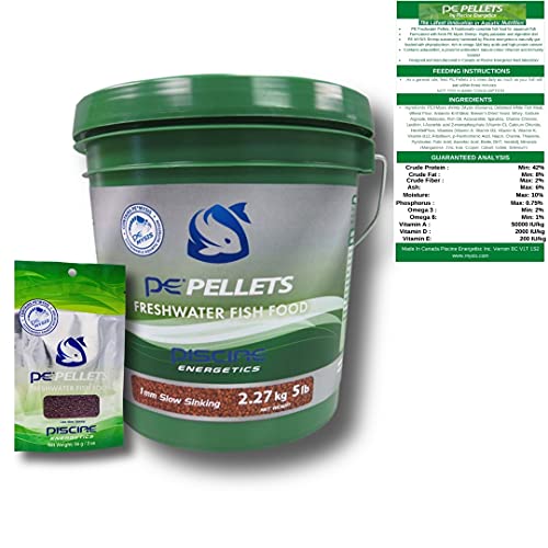 Image of Piscine Energetics PE Pellets Freshwater Fish Food 1mm 5lb Professional Pail - Mysis Shrimp Primary Ingredient, Institutional Grade, Pathogen Free