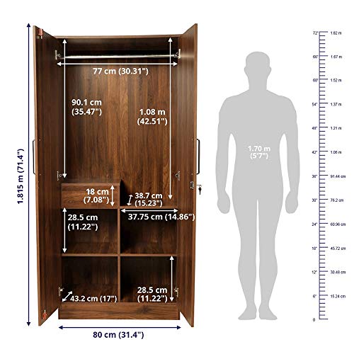 Image of Wakefit Wardrobe | 1 Year Warranty | Engineered Wood Almirah, Cupboard for Clothes Storage | 2 Door, Drawer | Tartan - Columbian Walnut