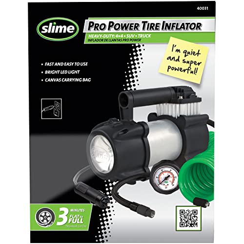 Slime 40031 Tire Inflator, Portable Car, Suv, 4X4 Air Compressor, Pro Power, Heavy Duty, With Analog 150 Psi Dial Gauge, Long Hose And Led Light, 12V, 3 Min Inflation #TOP1