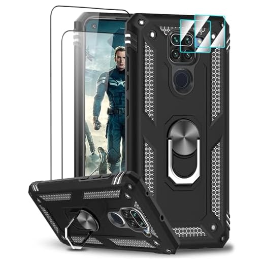 LeYi Coque pour Xiaomi Redmi Note 9 avec 2 Verre Trempé et 2 Protection Camera, Anneau Support Militaire Anti-Chute Bumper Antichoc Rigide Armure Housse Etui pour Xiaomi Redmi Note 9 Noir
