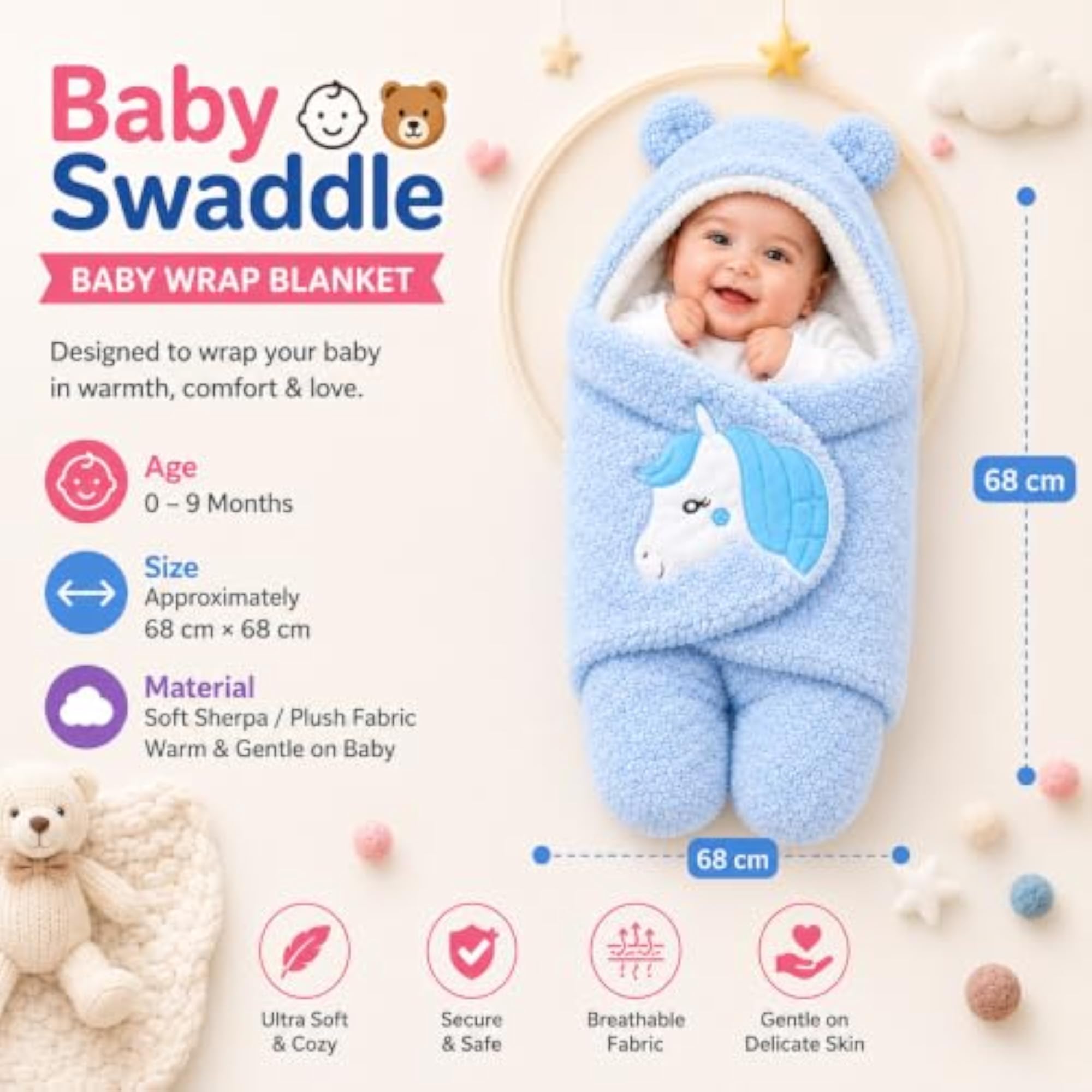 Baby Swaddle Blanket, Soft Hooded Newborn Wrap