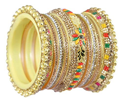 Image of NMII Traditional Gold Plated Acrylic Bangles Bridal Chuda Set For Women & Girls with Zircon Diamond & Pearls Beads Work | Royal Wedding Chudas | Premium Look | Bangles For Wedding, Festive, Function
