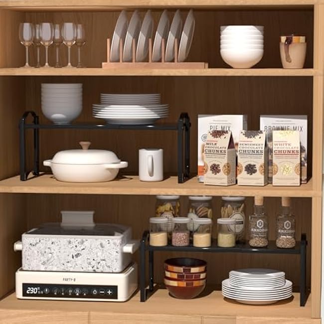 Expandable Cabinet Organizer Shelves, Countertop Shelf Organizers Storage for Kitchen Pantry, Spice Organization Rack, Desk Shelf, 2 Pack Stackable