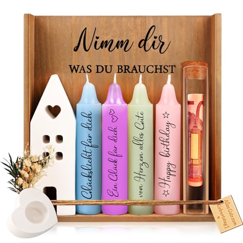 TUZELIYA Geschenke für Frauen, Geschenk Freundin Geburtstag, Kerzen Geschenkset, Deko Kerzenhalter Set, Nimm dir was du brauchst, Geburtstagsgeschenk für Mama, Schwester, Beste Freundin Geschenkset