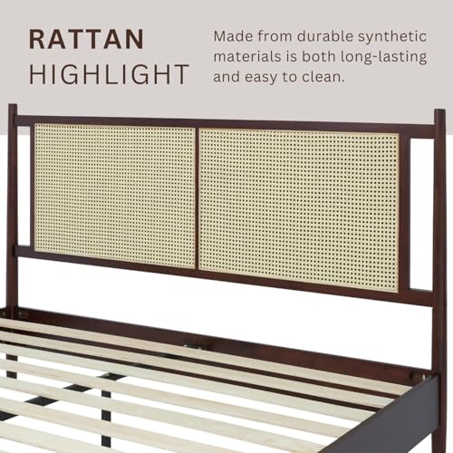 Image of Bme Oliver King Bed Frame and Headboard - 15-Inch Signature Design with Rattan Headboard, Bohemian and Mid Century Style, 12-Slat Wood Support, No Box Spring Needed - Easy Assembly, Walnut