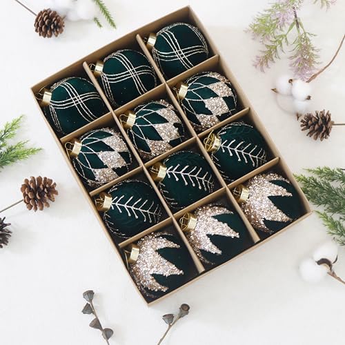 Image of 3.15IN Velvet Ornaments for Christmas Tree, 12pcs Flocked Ornaments Balls | deep green velvet christmas ornaments set,hanging neutral felt flocked balls bulk plastic shatterproof for tree decorations