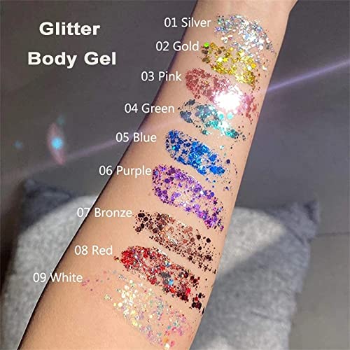 Body Glitter Gel For Women & Girls, Easy To Apply&Remove, Festival Glitter Liquid Eyeshadow Mermaid Sequins Chunky Glitter Gel Cosmetic For Body Face Hair Nails Makeup #TOP1