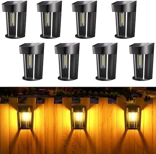 Quntis Solar Fence Lights, 8 Pack Solar Wall Lights Outdoor Garden, Waterproof Decorative Light, Auto ON/Off Retro Garden Fence Lights for Outside, Deck, Patio, Steps, Yard, Pathway, Warm White
