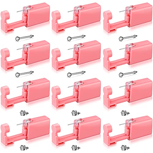 12 Pieces Disposable Nose Piercing Kit Self Ear Piercing Tool Portable Body Piercing Tools Safety Ear Nose Piercing Tools Nose Stud Piercing Kit Tool with Crystal Ear Studs for Home Salon, Pink