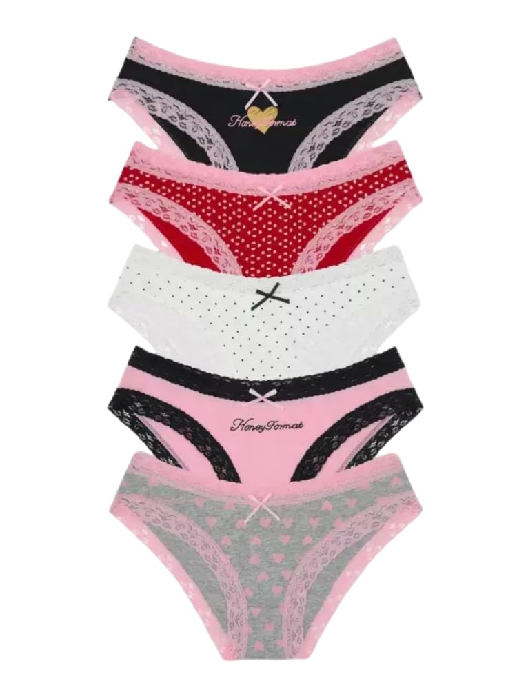 Womens Cotton Underwear Bikini Panties for Women Lace Trim Brief Underwear Print 5-Pack
