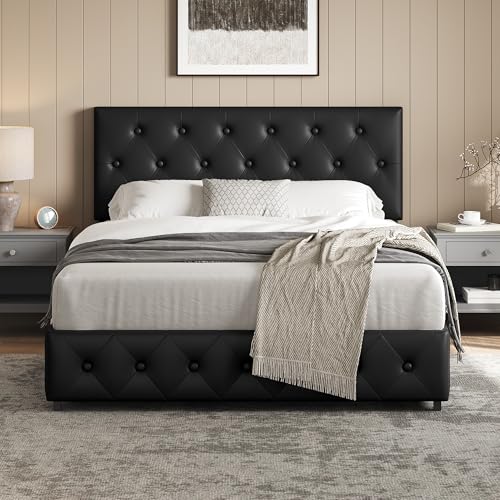 Yaheetech Lit Double Capitonné 140 x 200 cm en Similicuir avec 2 Tiroirs Tête de Lit Réglable en Hauteur Sommier à Lattes Grand Espace de Rangement Noir