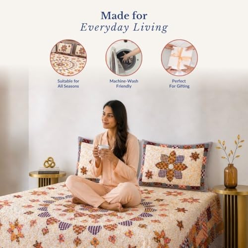 Image of Jaipur Weaves Jaipuri Double Bed Cotton Bedsheet Queen Size 90x100, 144 TC 100% Pure Cotton Bed Sheet with 2 Pillow Covers, Royal Mandala Traditional Print (Mandala Orange)