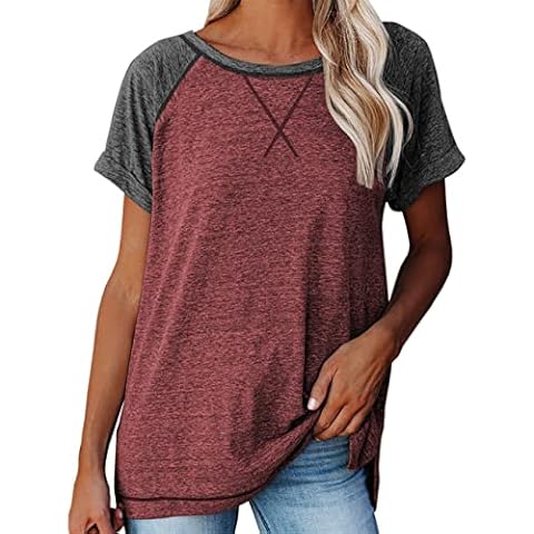FAQIAN Women's T-Shirt Summer Oversized Short Sleeve Crew Neck Slim Fit T Shirts Tops Blouses Womens Casual Fashion Plus Size Color Block Plain Cotton Linen Elegant Basic Tshirts Blouse Tunic Top Cover