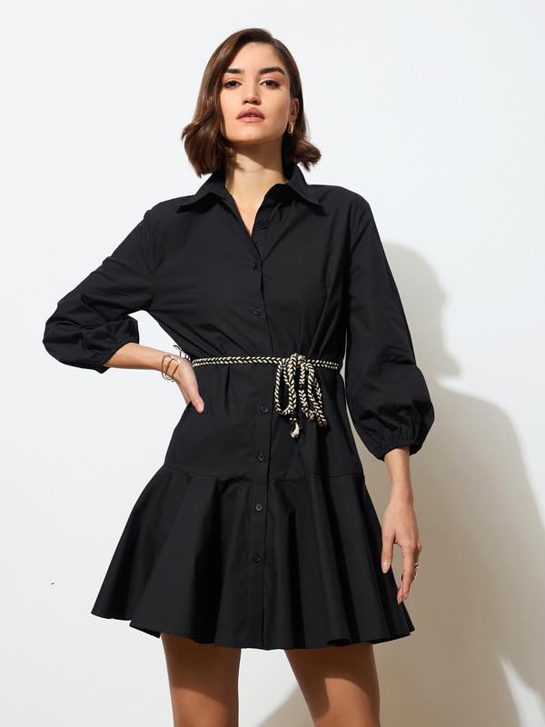 Image of barcino Black Poplin Short Skater Dori-Belt Dress