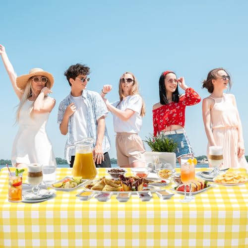Image of WNINK 2 Pack Light Yellow Gingham Rectangular Plastic Tablecloths, Yellow and White Checkered Disposable Table Covers 54 inch x 108 inch for Birthday, Wedding, Bridal Shower, Outdoor Picnic Camping Parties