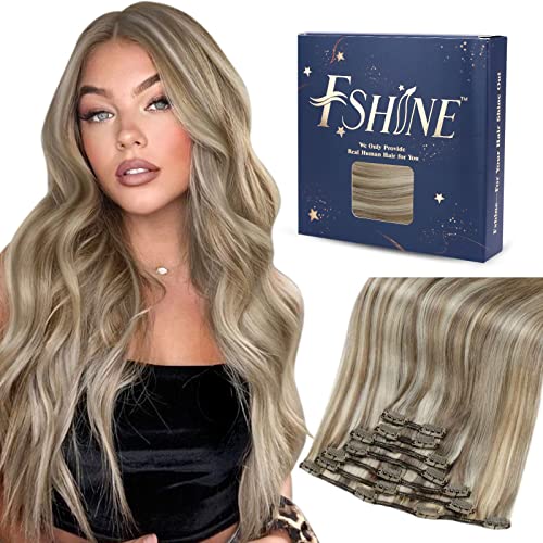 Fshine Human Hair Clip in Extensions Light Brown Highligh Platinum Blonde Clip in Hair Extensions 16 Inch Seamless Human Hair Clips Double Weft 120g 7Pcs
