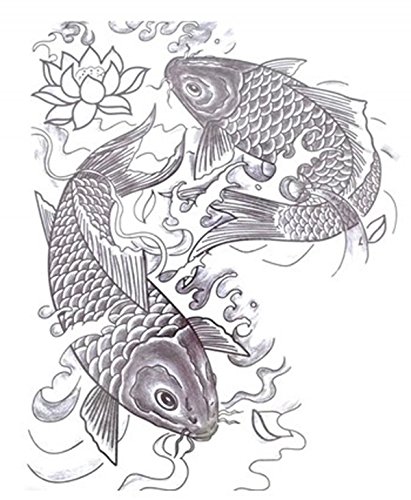 Large full back temporary tattoos dimension Length 12.6 X Wide 8.66 black and white fish with lotus temporary tattoos for men and women by InterRookie
