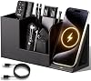 GORESE organizador de escritorio con estación de carga, portalápices de cuero PU, organizador de controles remotos con soporte de carga para teléfono para oficina, hogar, mesa de noche, regalo práctico para hombres que no quieren nada, negro 2