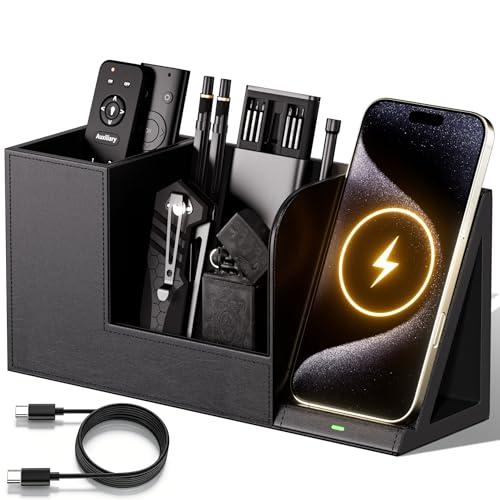 GORESE Desk Organizer with Charging Station, PU Leather Desktop Pen Holder Remote Organizers with Phone Charging Stand for Office Home Nightstand, Practical Gifts for Men Who Want Nothing, Black