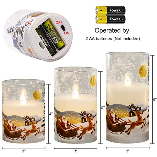 Image of Wondise Santa Claus Glass Flameless Candles Remote and Timer, Battery Operated Real Wax LED Flickering Pillar Candles White Cold Light Window Christmas Holiday Decor D3 x H4, 5 inch, 6 inch