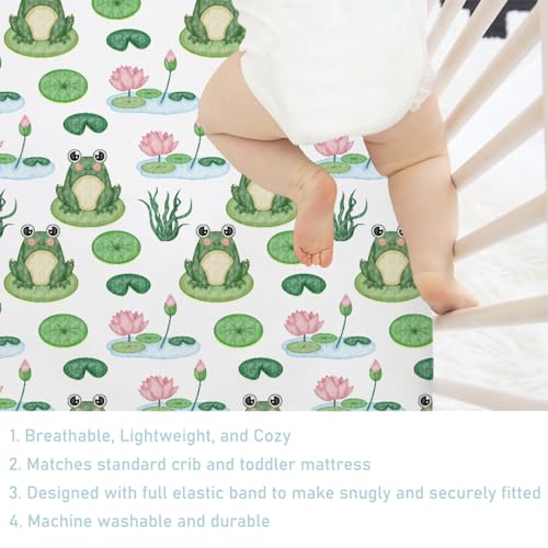 Image of Funny Frogs Flower Leaves Pond Baby Crib Sheets 52''x28'' Water Lilies Lake Stretchy Fitted Crib Mattress Covers for Boy Girl Animal Soft Nursery Bed Sheets for Standard Crib and Toddler Mattresses