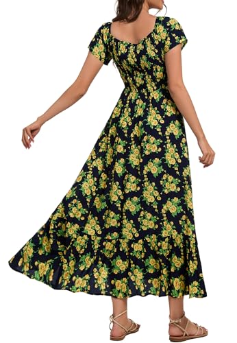 Image of Summer Smocked Boho Maxi Dress for Women 2026 Short Sleeve Floral Smocked Flowy Ruffled Beach Vacation Dresses Lightweight