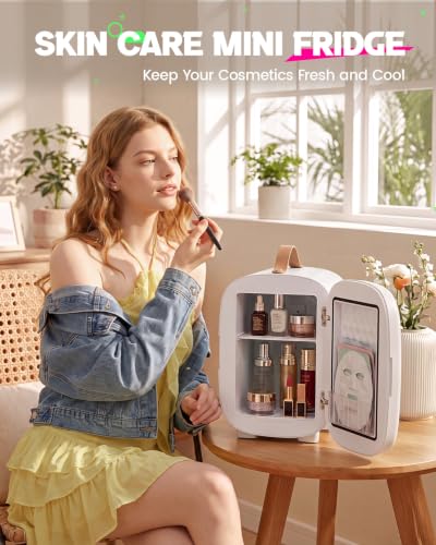 Image of FANSEXPERT Mini Fridge for Bedroom, 4 Liter /6 Cans Skin Care Fridge Small Refrigerator, AC /DC Portable Mini Cooler & Warmer, Small Cosmetic Fridge for Camping, Dorm, Office, Car (White)