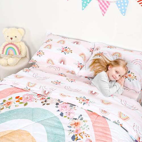 Image of Toddler Bedding Sets Twin Size for Girls, Rainbow Toddler Crib Bedding Set 5 Piece Floral Toddler Comforter Set Includes Flat Top Sheet, Fitted Sheet, Comforter, Envelope Pillowcase, Soft & Comfort