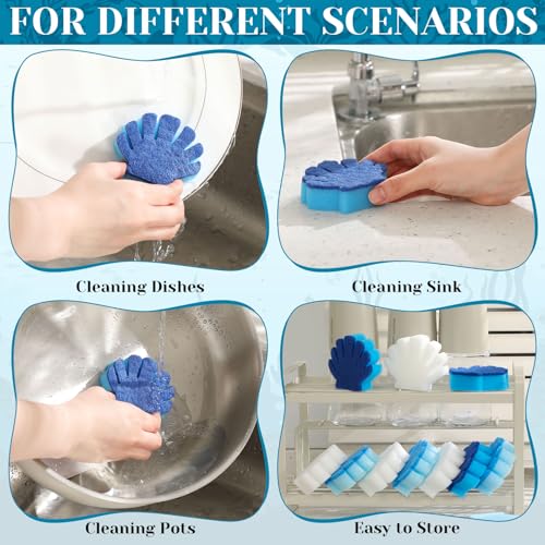 Image of Tioncy 12 Pack Shell Kitchen Sponges Bulk Dual Sided Scrubber Summer Shell White Blue Sponges Dishwashing Kitchen Cleaning Accessories for Funny Beach Sea Theme Household Supplies