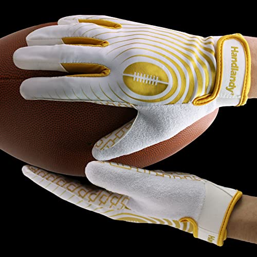 Handlandy Youth Football Gloves, Sticky Wide Receiver Gloves For Kids & Adult, White And Gold Stretch Fit Football Gloves (Medium) #TOP3