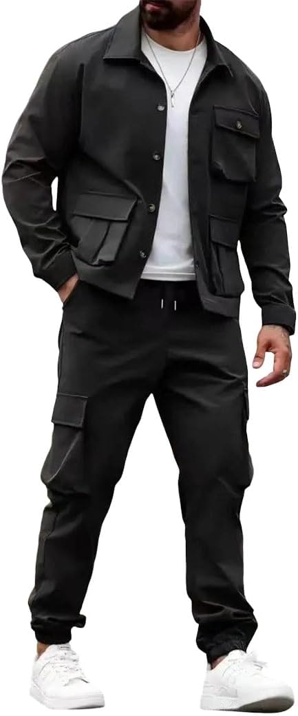 Men's Cargo Jacket Pants Set Multi Pocket Outdoor Suit Long Sleeve Button Up Jacket Elastic Waist Trousers