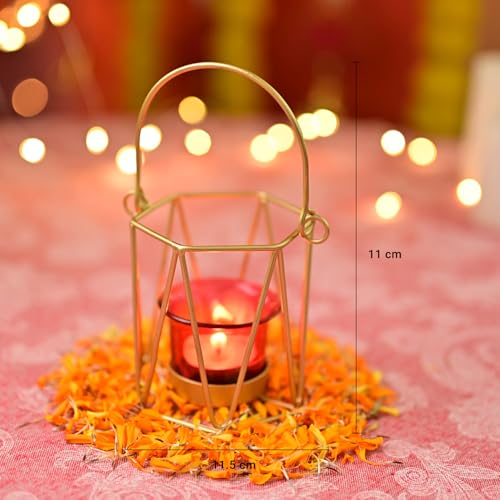 Image of MARKET 99 Iron & Glass Single T-Light Holder | Romantic Cylindrical Tealight Candle Stand for Valentine's Day Decor & Gifting | Diwali, Christmas, Birthday & Wedding Decoration | Red & Golden Matte
