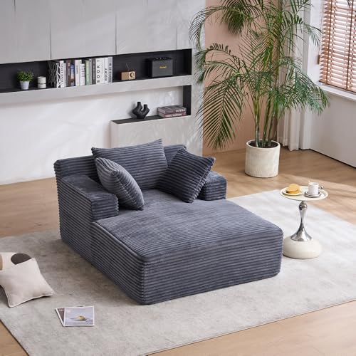 Image of Oversized Chaise Longue Chair Indoor, Upholstered Corduroy Deep Seat Sofa Bed with Throw Pillows and Armrests, Sleeper Sofa Couch for Living Room, Bedroom Apartment EL973