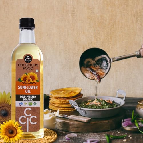 Image of Conscious Food Cold Pressed Sunflower oil in PET bottle | 1000 ML | High in Antioxidants, Delicious & Healthy | Pack of 2