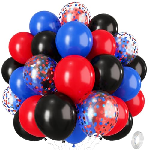 Red Blue Black Balloons 12 Inch Royal Blue Red Confetti Latex Balloon with Black Helium Balloon Kit for Boys Spider Cool Man Halooween Theme Birthday Decor Graduation Party Decoration Supplies