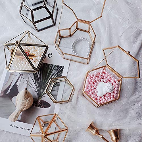 Gold Clear Decorative Box Hexagon Glass Jewelry Box For Trinket Tiny Small Ring Earring Storage Box Tabletop Valentine Wedding Birthday Gift #TOP7