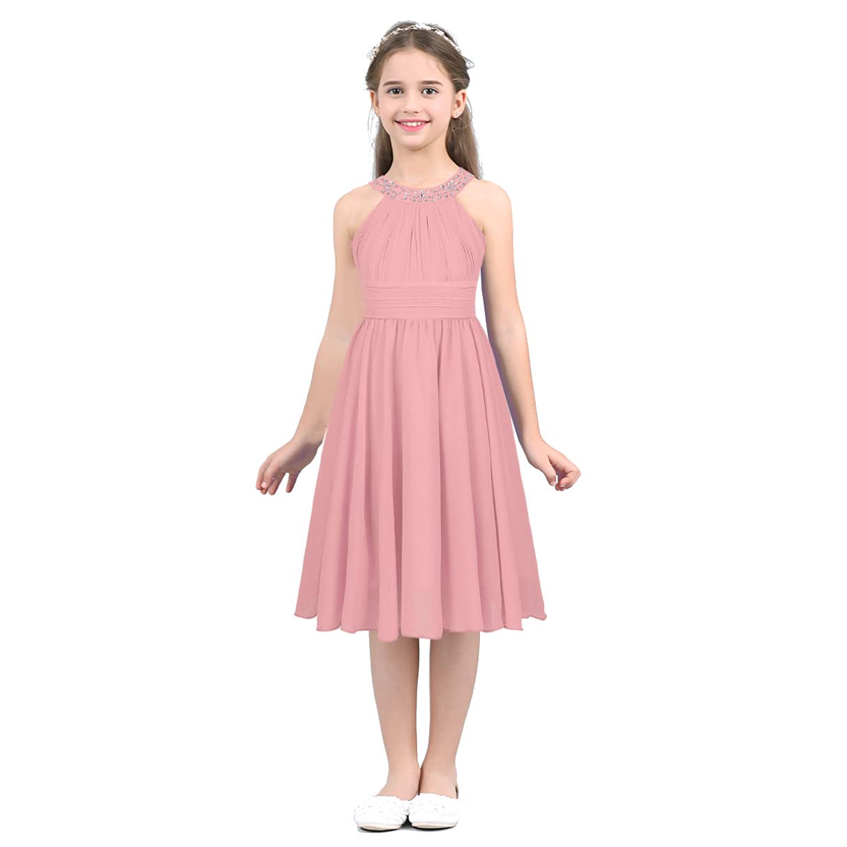 YiZYiF Vestido Fiesta Ceremonia Niñas Vestido Princesa Comunión Midi Vestido Sin Mangas Cuello con Diamantes Traje Elegante Dama de Honor 4-14 Años