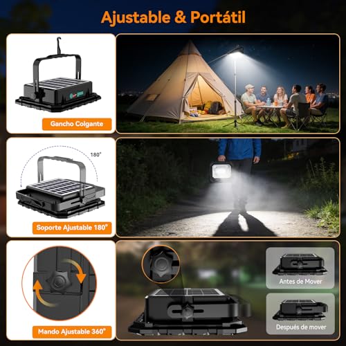 Foco LED Recargable Solar 150W con Luz de Trabajo USB 16000 lm y Batería 16000 mAh IP66 5