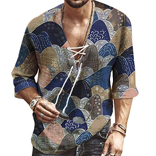 Men's Fashion Shirt Short Sleeve Beach V-Neck Drawstring Printing Yoga African Summer Top Blue 3XL
