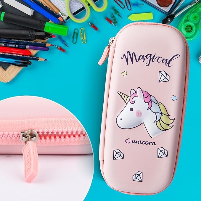 Image of 3D EVA EVA Design Embossed Hardtop Cover Pencil Case with Compartments, Pencil Pouch for Kids, School Supply Organizer, Geometry Stationery Box, Cosmetic Zip Pouch Bag (Small Unicorn Pouch)