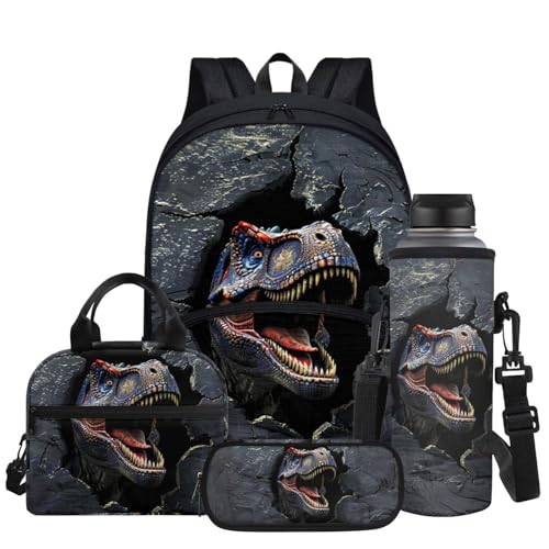Dinosaur Backpack for Girls Back to School Shoulder Bookbags 17 Inch Bookbag, Insulated Thermal Lunch Totes,Pencil Holder,Cooler Water Bottle Sleeve, 4pcs/set